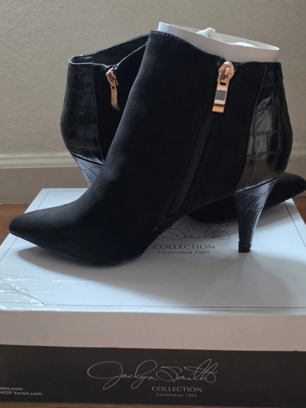 Jaclyn Smith Black Pointed-Toe Croc-Accent Ankle Boots